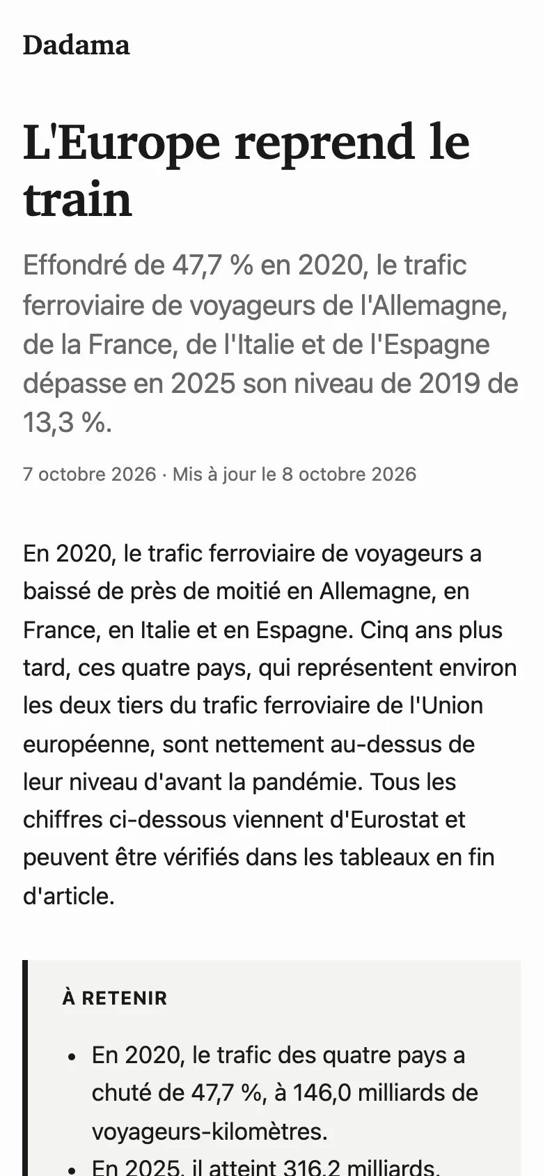 A dadama story on a phone — “L'Europe reprend le train”, with its lede and first paragraph.