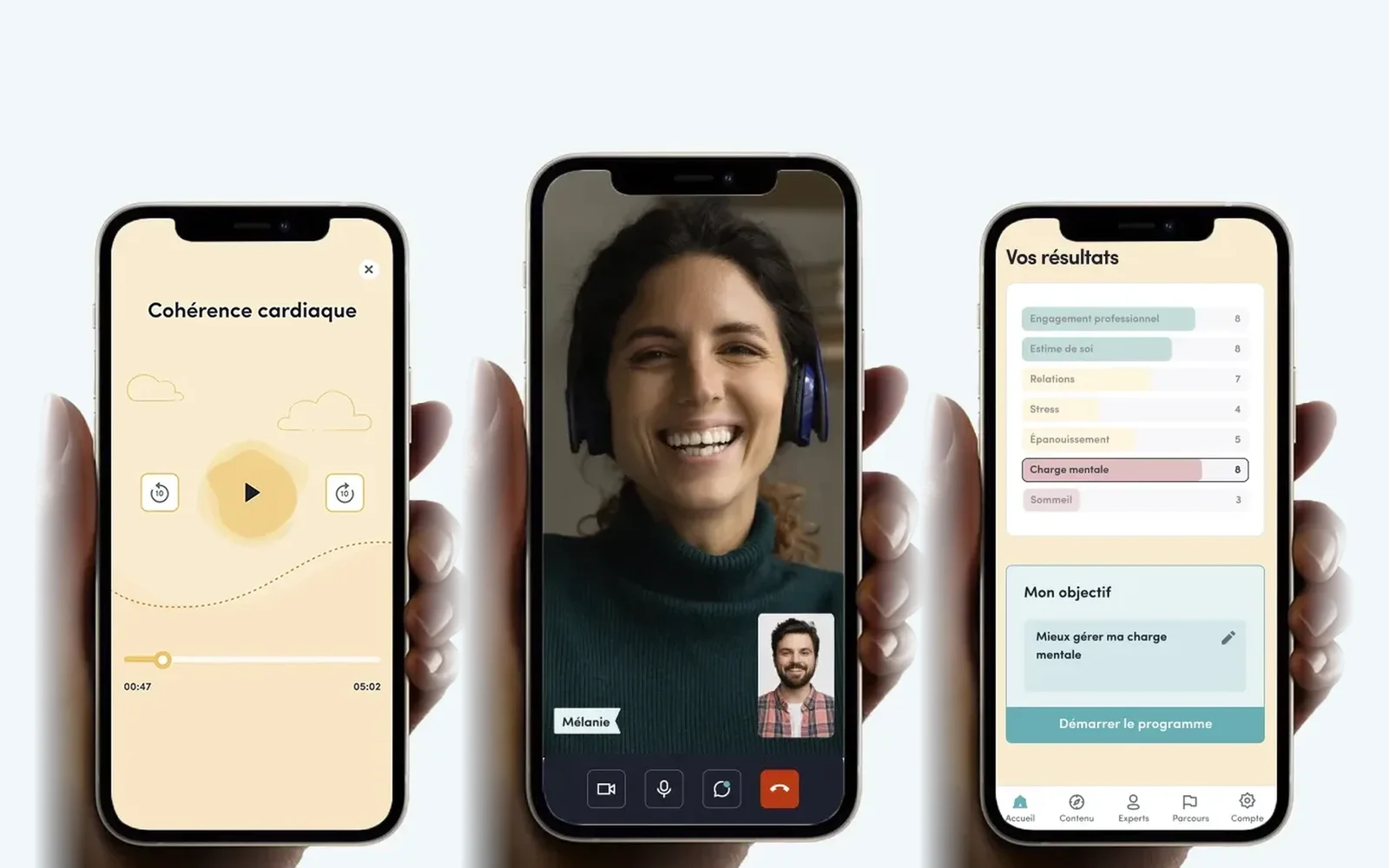 Three Holivia screens on phones — the audio player for a breathing session, a video call with a therapist, and wellbeing questionnaire results.