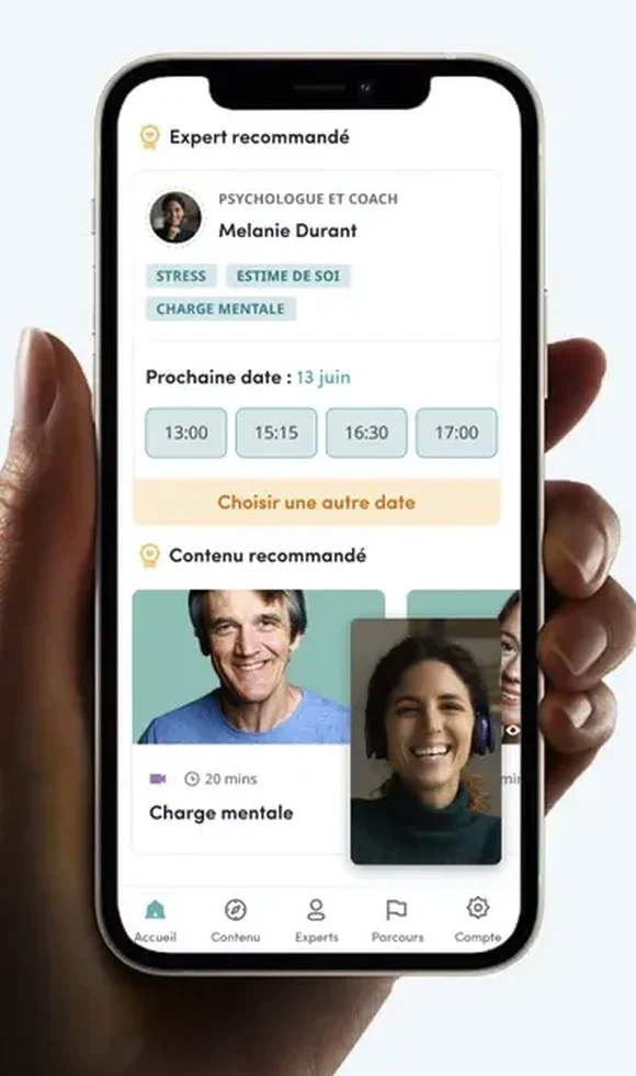 Home screen with a recommended psychologist, available time slots, and a video call continuing in a floating picture-in-picture window.