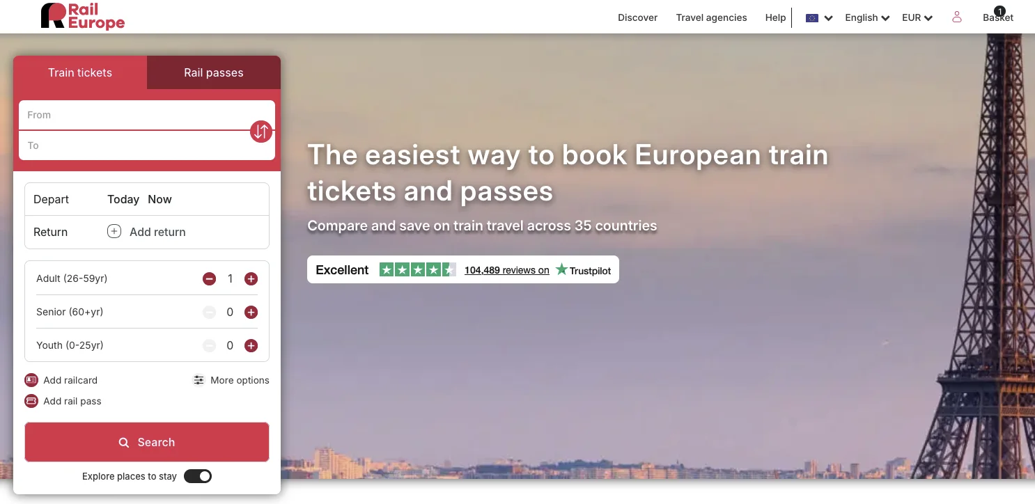 Rail Europe homepage with the train ticket search form on the left — from, to, dates and passengers — over a photo of Paris with the Eiffel Tower.
