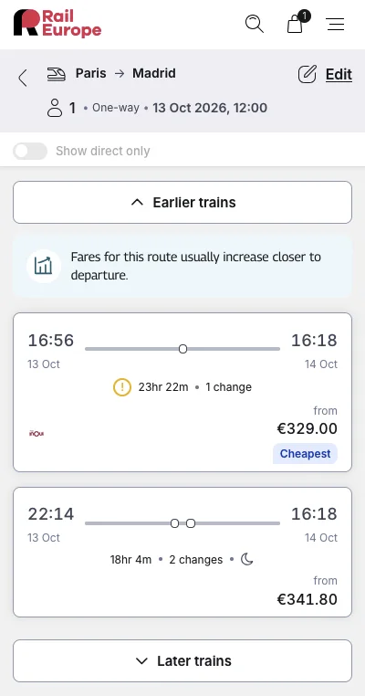 Search results for Paris to Madrid on a phone, with two trains, their times, changes and prices, a price-trend hint and buttons for earlier and later trains.
