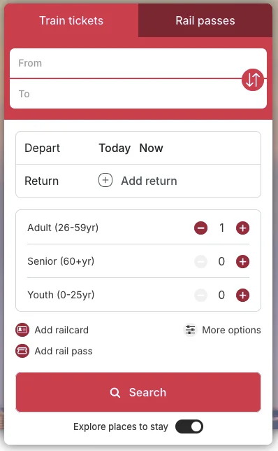 The Rail Europe train ticket search form — from, to, dates and passengers.
