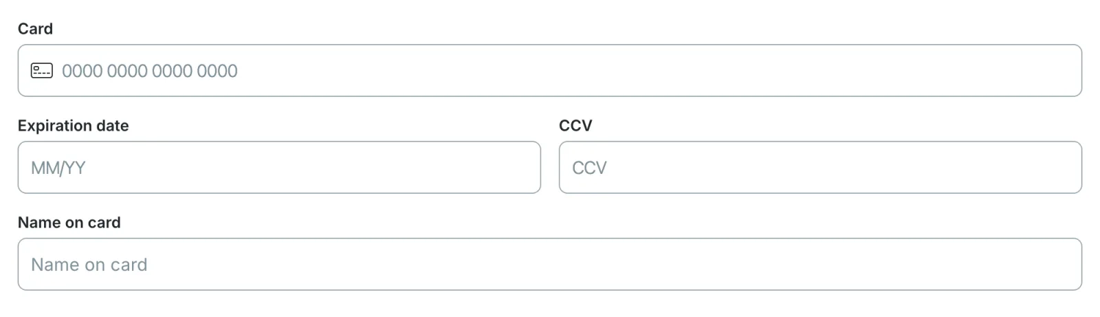 Payment form with card number, expiration date, CCV and name on card.