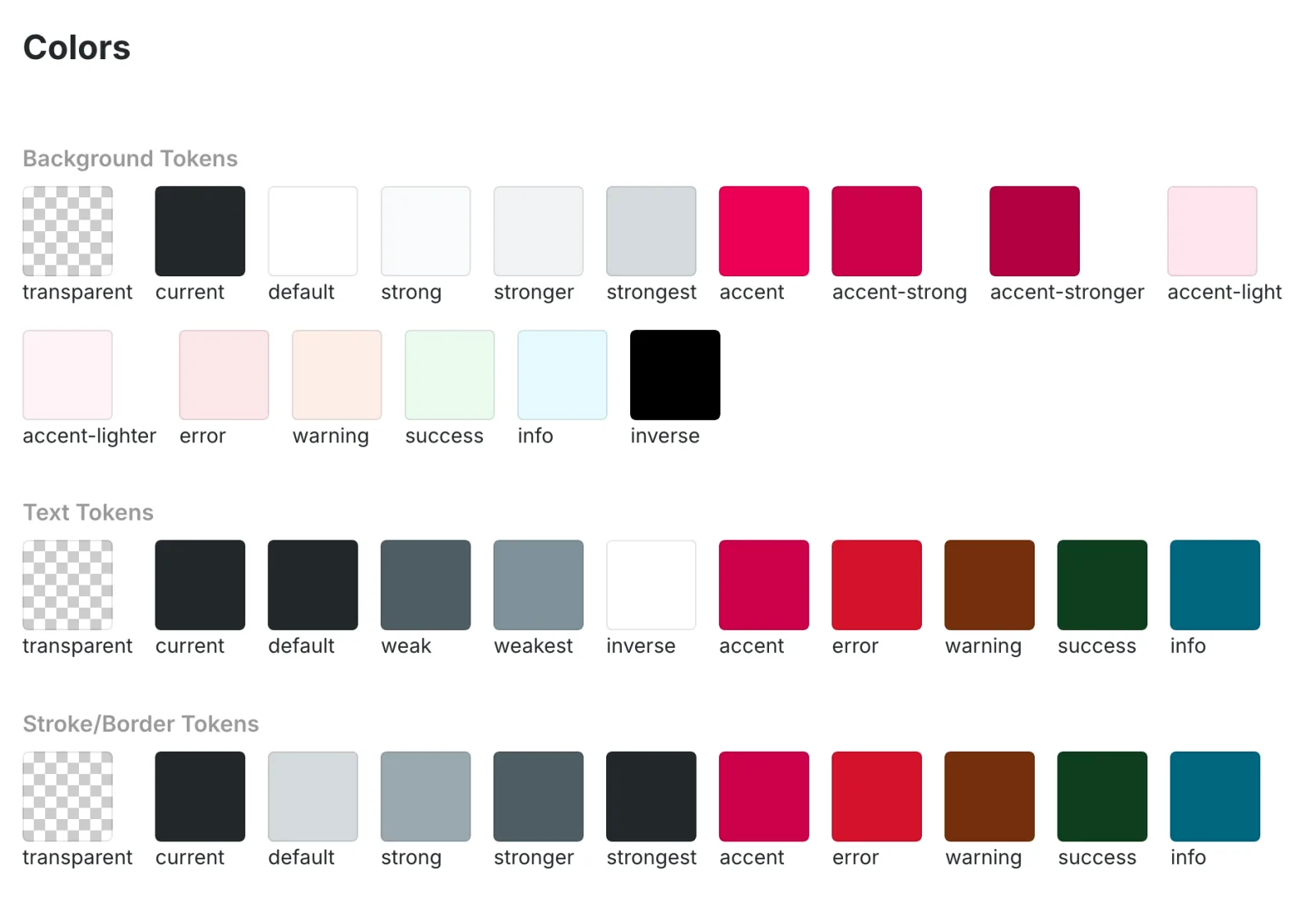 Colour tokens documented in Storybook — background, text and border tokens, each with semantic names like accent, error, warning and success.